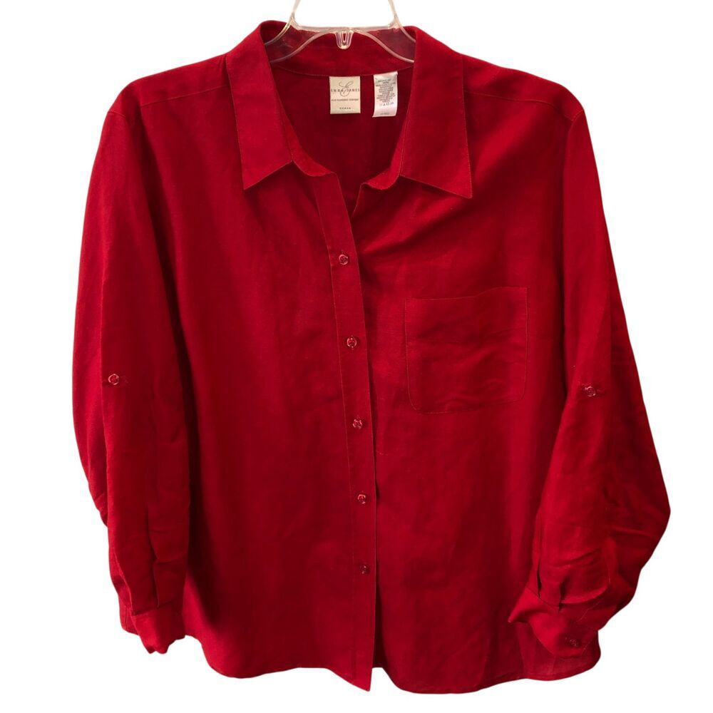 Emma James Womens 2X Red Long Sleeve Button Up Long Tab Sleeve Shirt Top 2XL